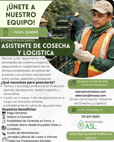 asistente de cosecha y logistica