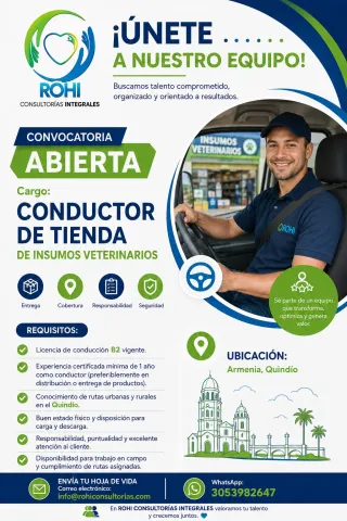 Se requiere conductor con licencia B2 vigente, experiencia certificada y conocimiento de rutas en Quindío para entrega de insumos veterinarios.