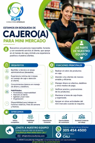 Buscamos cajero(a) para mini mercado con experiencia en atención al cliente y manejo de caja, responsable, organizado y con disponibilidad de horarios.