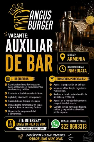 Vacante Auxiliar de Bar - Angus Burger, Armenia