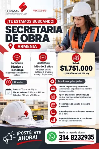 Vacante Secretaria de Obra - Summar Productividad, Armenia