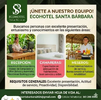 Vacante Recepción - Ecohotel Santa Bárbara