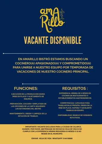 Vacante Cocinero(a) - Amarillo Bistró