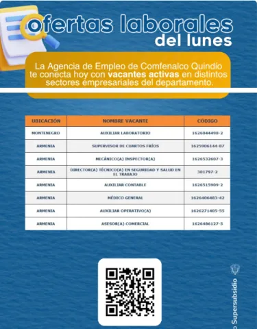 Ofertas laborales del lunes - Comfenalco Quindío